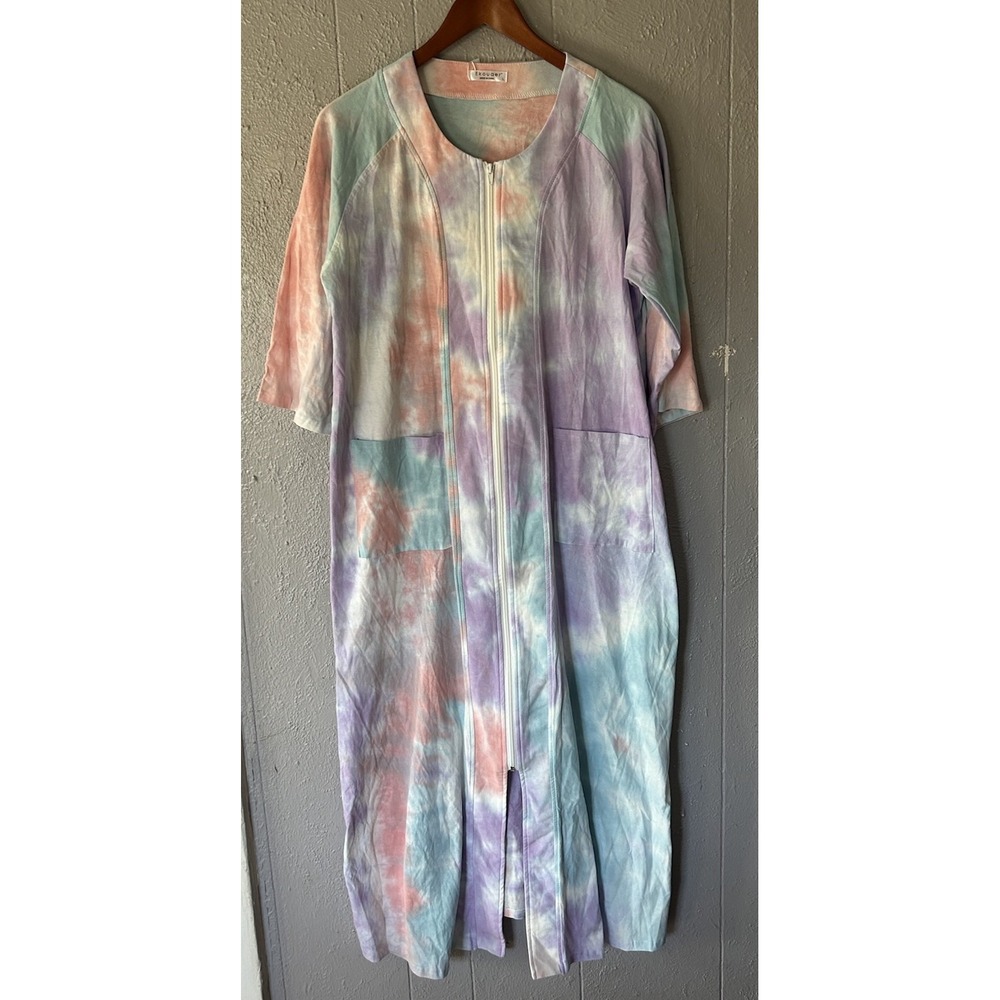 Ekouaer Tye Dye Full Zip Loungewear Housecoat Maxi Nightgown Women's Size L NWT